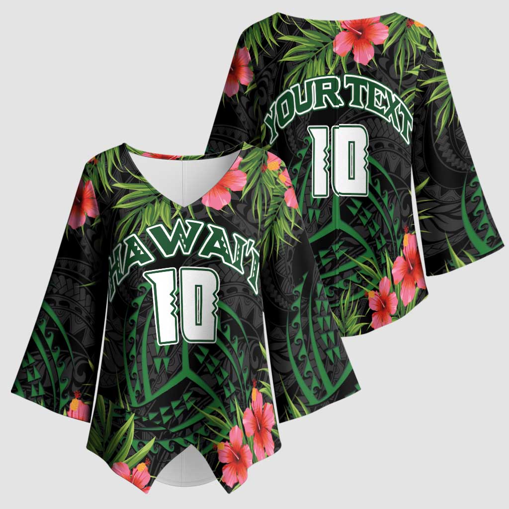 Custom Hawaii Volleyball Kimono Sleeve Blouse Kakau Abstract and Tropical Plants Black Color - Polynesian Pride