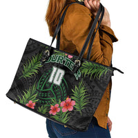Custom Hawaii Volleyball Leather Tote Bag Kakau Abstract and Tropical Plants Black Color - Polynesian Pride