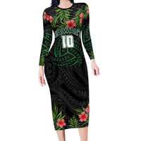Custom Hawaii Volleyball Long Sleeve Bodycon Dress Kakau Abstract and Tropical Plants Black Color - Polynesian Pride