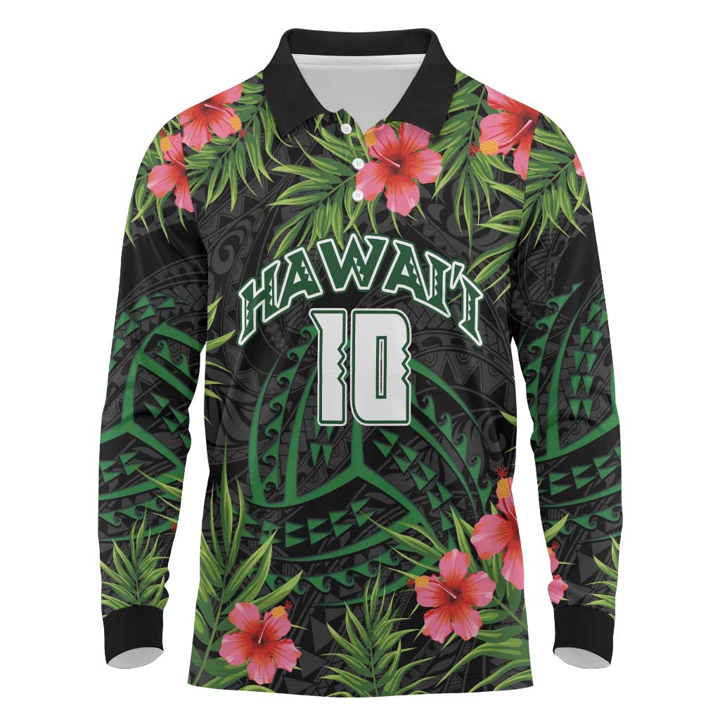 Custom Hawaii Volleyball Long Sleeve Polo Shirt Kakau Abstract and Tropical Plants Black Color - Polynesian Pride