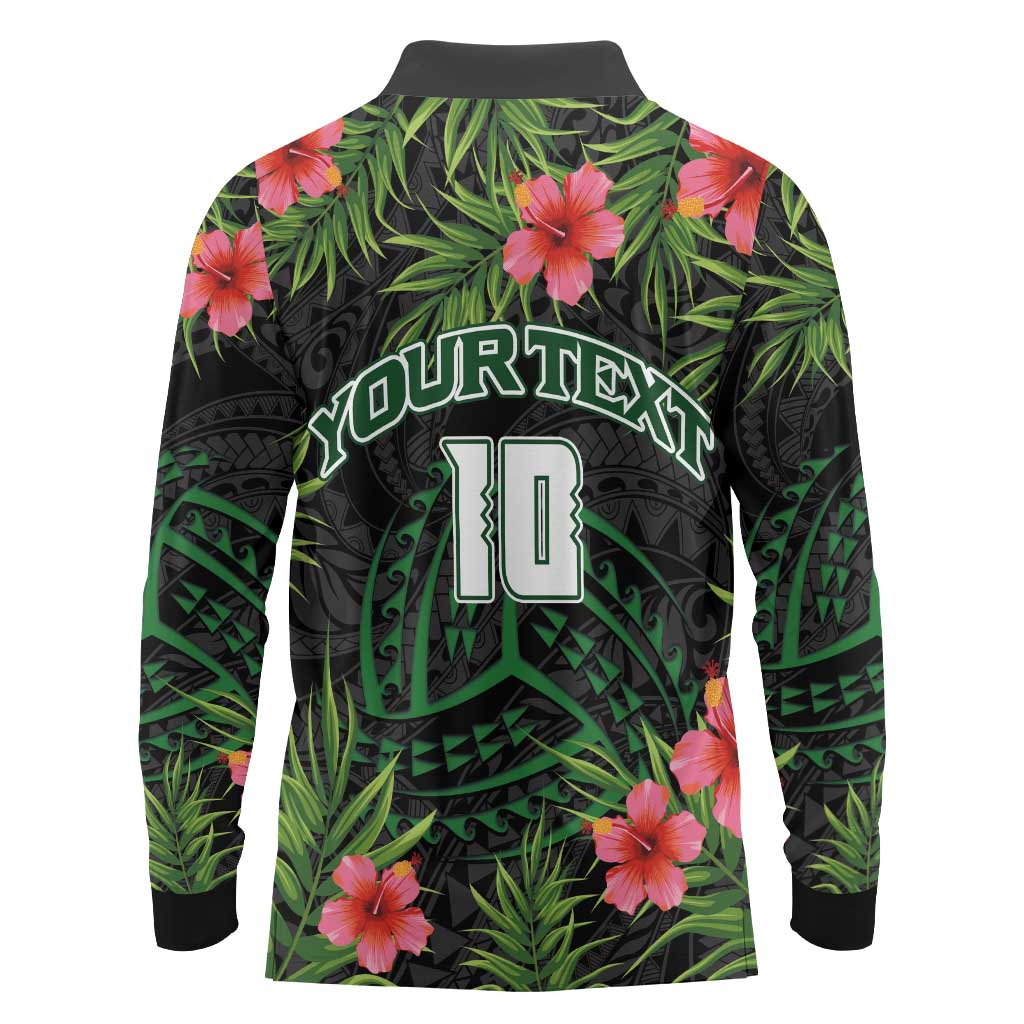 Custom Hawaii Volleyball Long Sleeve Polo Shirt Kakau Abstract and Tropical Plants Black Color - Polynesian Pride
