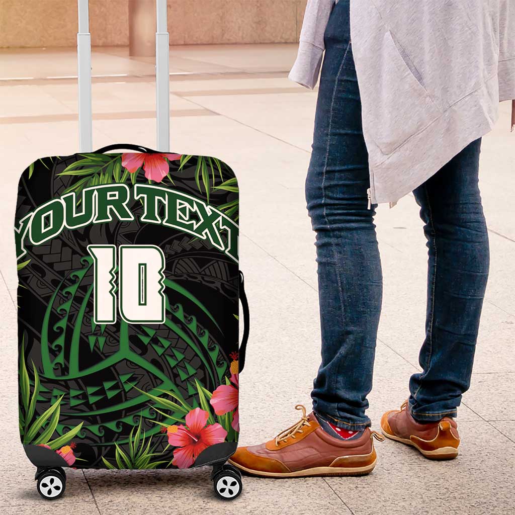 Custom Hawaii Volleyball Luggage Cover Kakau Abstract and Tropical Plants Black Color - Polynesian Pride