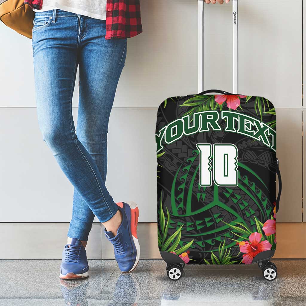 Custom Hawaii Volleyball Luggage Cover Kakau Abstract and Tropical Plants Black Color - Polynesian Pride