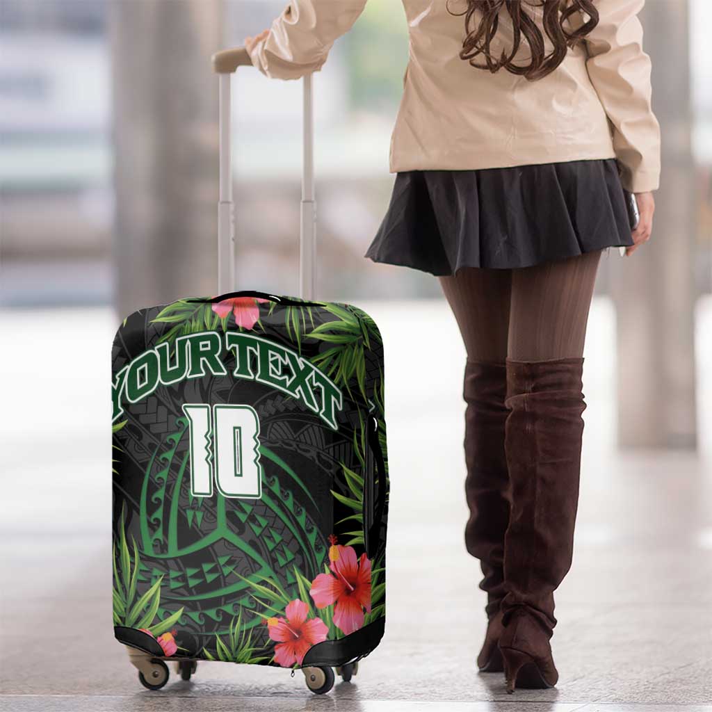 Custom Hawaii Volleyball Luggage Cover Kakau Abstract and Tropical Plants Black Color - Polynesian Pride