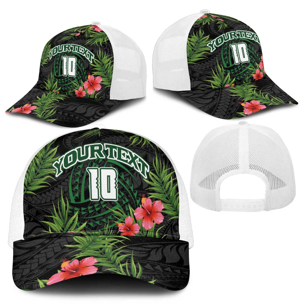 Custom Hawaii Volleyball Mesh Trucker Cap Kakau Abstract and Tropical Plants Black Color - Polynesian Pride