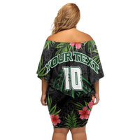 Custom Hawaii Volleyball Off Shoulder Short Dress Kakau Abstract and Tropical Plants Black Color - Polynesian Pride