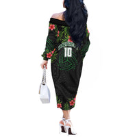 Custom Hawaii Volleyball Off The Shoulder Long Sleeve Dress Kakau Abstract and Tropical Plants Black Color - Polynesian Pride