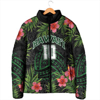Custom Hawaii Volleyball Padded Jacket Kakau Abstract and Tropical Plants Black Color - Polynesian Pride