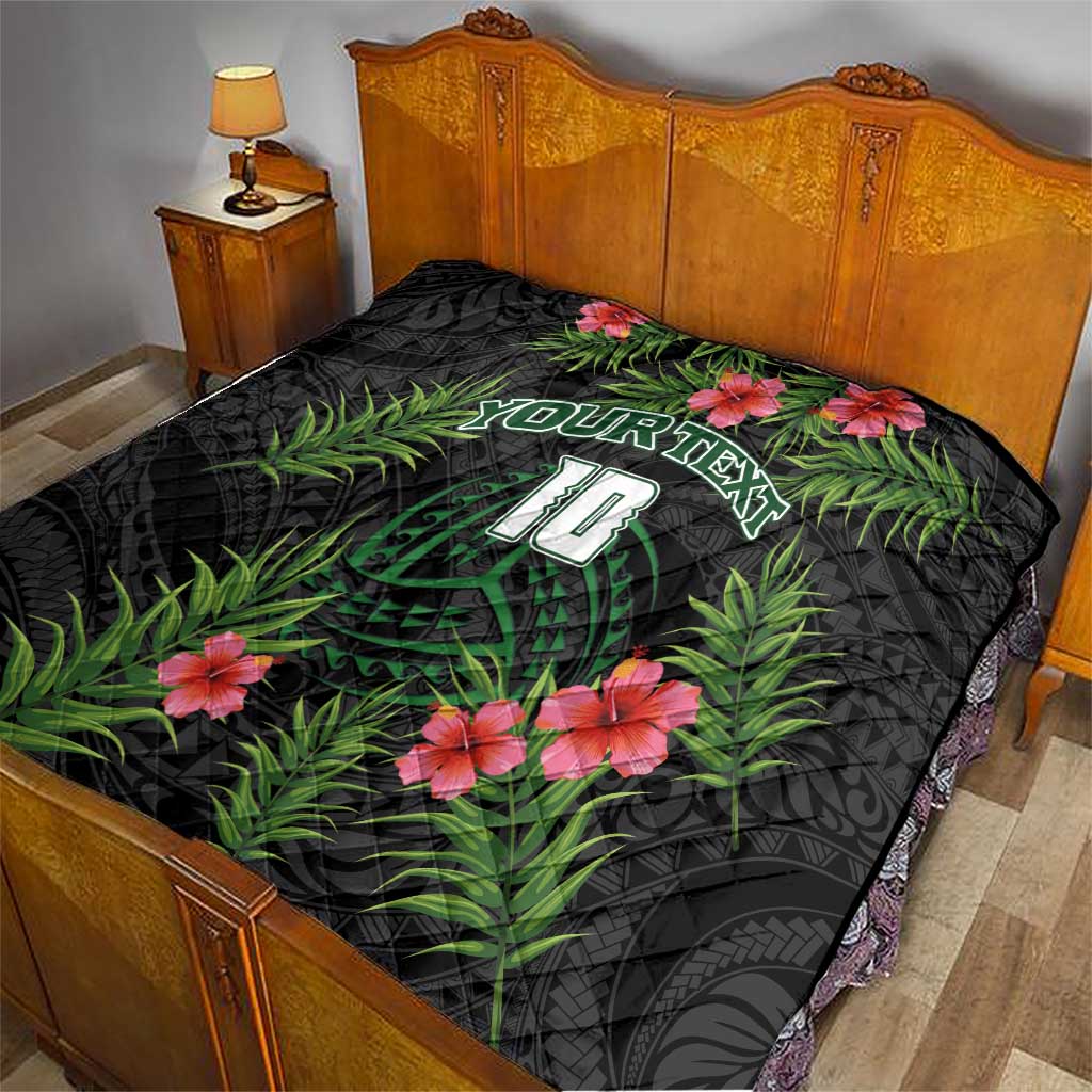 Custom Hawaii Volleyball Quilt Kakau Abstract and Tropical Plants Black Color - Polynesian Pride