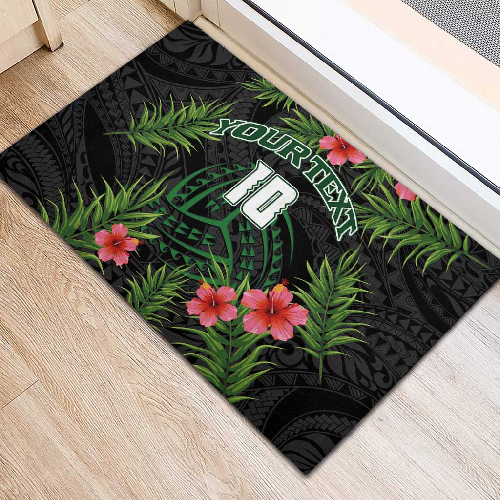 Custom Hawaii Volleyball Rubber Doormat Kakau Abstract and Tropical Plants Black Color - Polynesian Pride