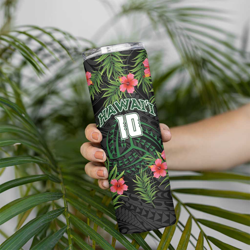 Custom Hawaii Volleyball Skinny Tumbler Kakau Abstract and Tropical Plants Black Color - Polynesian Pride
