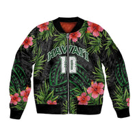 Custom Hawaii Volleyball Sleeve Zip Bomber Jacket Kakau Abstract and Tropical Plants Black Color - Polynesian Pride