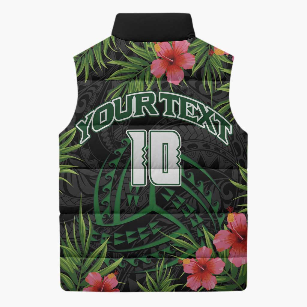 Custom Hawaii Volleyball Sleeveless Puffer Jacket Kakau Abstract and Tropical Plants Black Color - Polynesian Pride