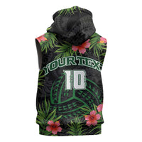 Custom Hawaii Volleyball Sleeveless Zip Hoodie Kakau Abstract and Tropical Plants Black Color - Polynesian Pride