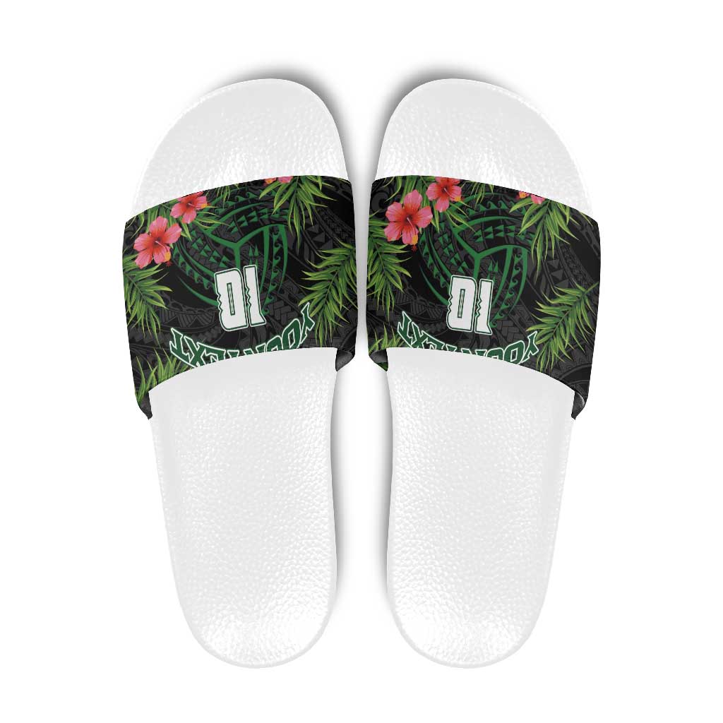 Custom Hawaii Volleyball Slide Sandals Kakau Abstract and Tropical Plants Black Color - Polynesian Pride