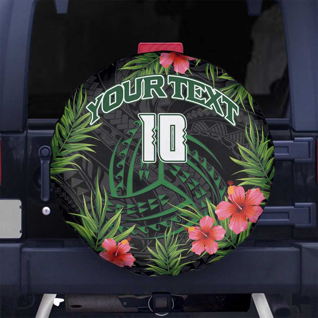 Custom Hawaii Volleyball Spare Tire Cover Kakau Abstract and Tropical Plants Black Color - Polynesian Pride