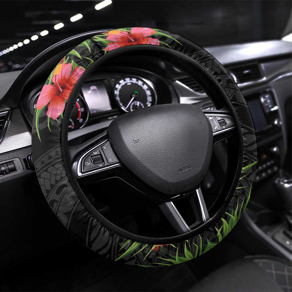 Hawaii Volleyball Steering Wheel Cover Kakau Abstract and Tropical Plants Black Color - Polynesian Pride