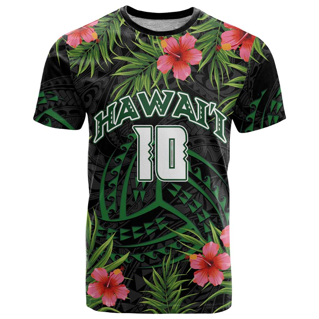 Custom Hawaii Volleyball T Shirt Kakau Abstract and Tropical Plants Black Color - Polynesian Pride