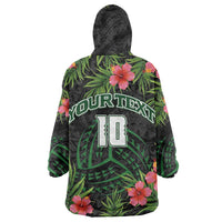 Custom Hawaii Volleyball Wearable Blanket Hoodie Kakau Abstract and Tropical Plants Black Color - Polynesian Pride