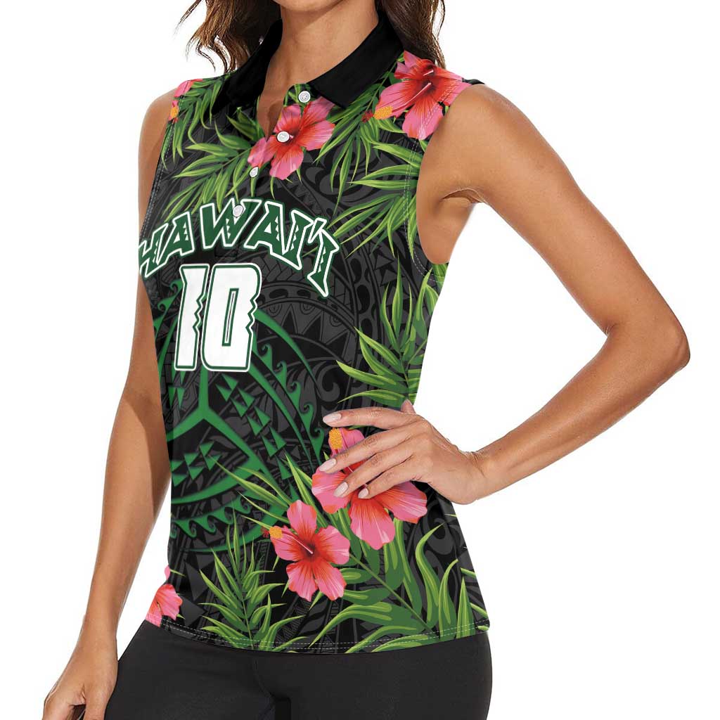 Custom Hawaii Volleyball Women Sleeveless Polo Shirt Kakau Abstract and Tropical Plants Black Color - Polynesian Pride