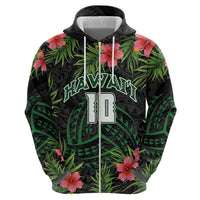 Custom Hawaii Volleyball Zip Hoodie Kakau Abstract and Tropical Plants Black Color - Polynesian Pride