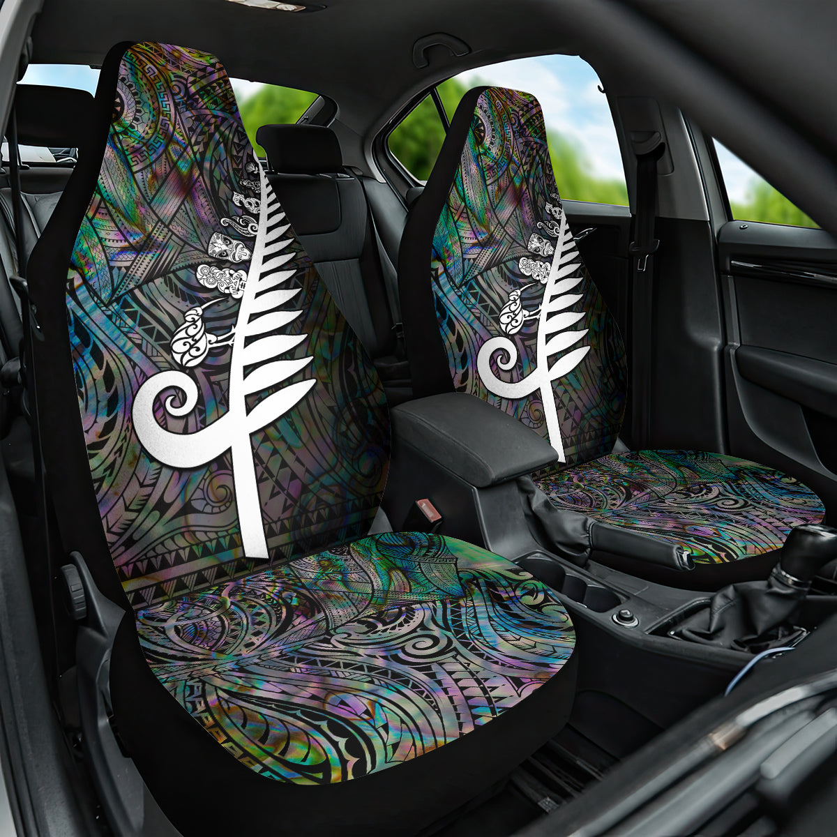 New Zealand Car Seat Cover Aotearoa Symbols With Silver Fern LT03 One Size Black - Polynesian Pride