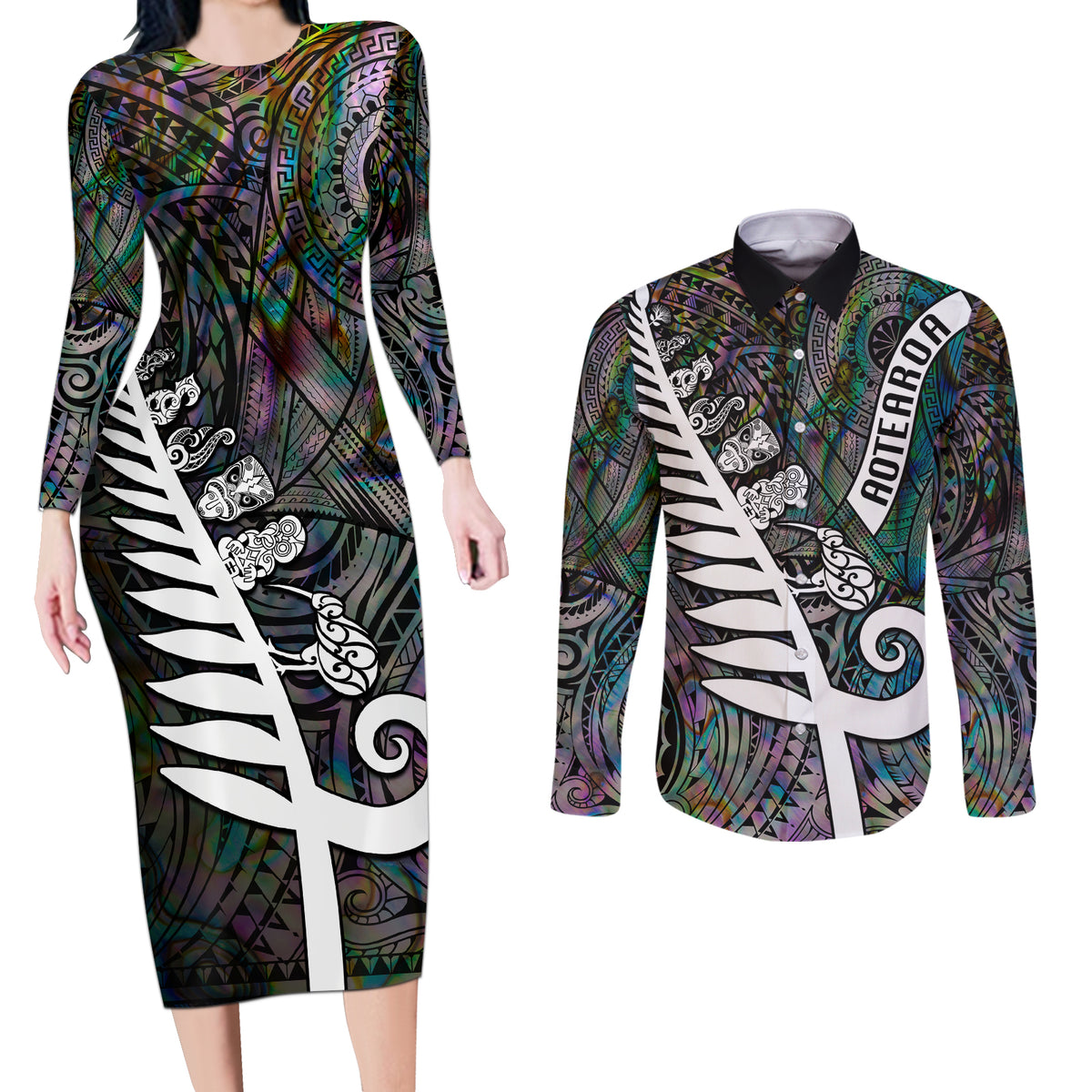 New Zealand Couples Matching Long Sleeve Bodycon Dress and Long Sleeve Button Shirt Aotearoa Symbols With Silver Fern LT03 Black - Polynesian Pride