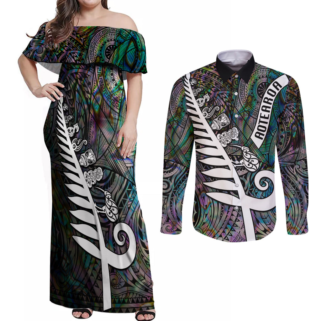 New Zealand Couples Matching Off Shoulder Maxi Dress and Long Sleeve Button Shirt Aotearoa Symbols With Silver Fern LT03 Black - Polynesian Pride