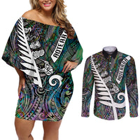 New Zealand Couples Matching Off Shoulder Short Dress and Long Sleeve Button Shirt Aotearoa Symbols With Silver Fern LT03 Black - Polynesian Pride