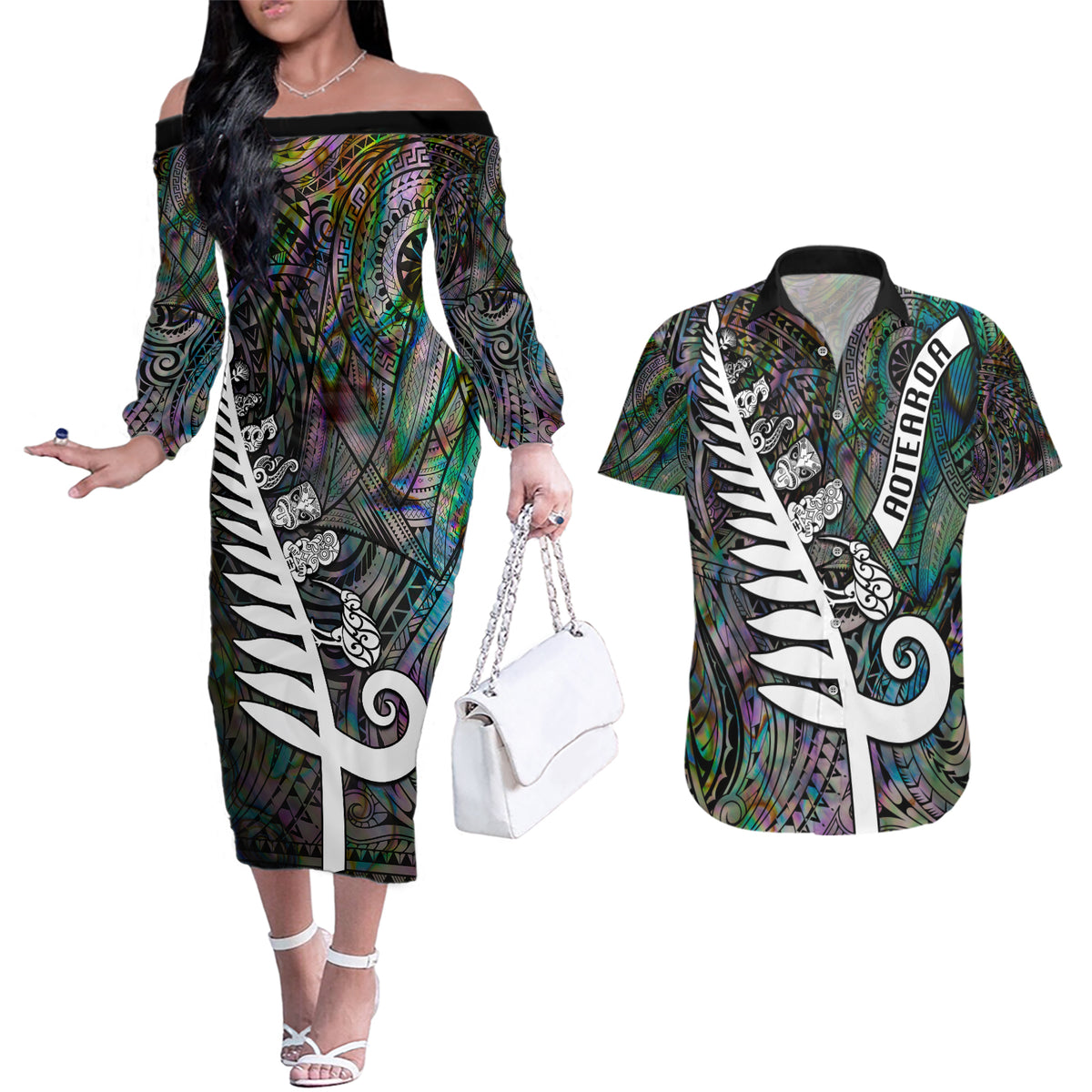 New Zealand Couples Matching Off The Shoulder Long Sleeve Dress and Hawaiian Shirt Aotearoa Symbols With Silver Fern LT03 Black - Polynesian Pride