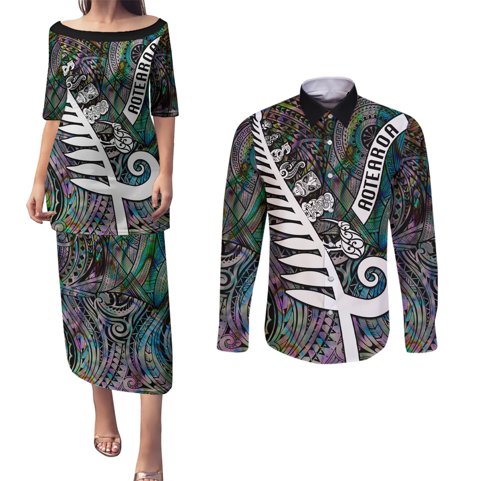 New Zealand Couples Matching Puletasi Dress and Long Sleeve Button Shirt Aotearoa Symbols With Silver Fern LT03 Black - Polynesian Pride