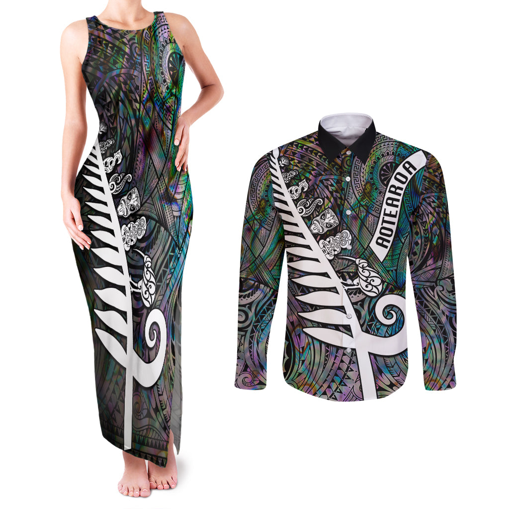 New Zealand Couples Matching Tank Maxi Dress and Long Sleeve Button Shirt Aotearoa Symbols With Silver Fern LT03 Black - Polynesian Pride