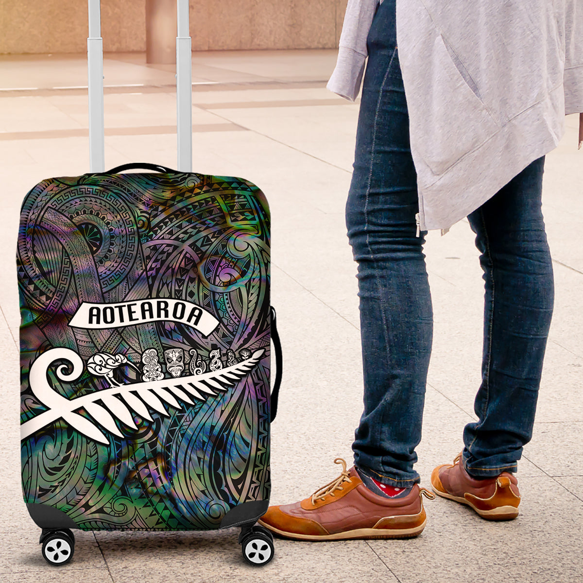 New Zealand Luggage Cover Aotearoa Symbols With Silver Fern LT03 Black - Polynesian Pride