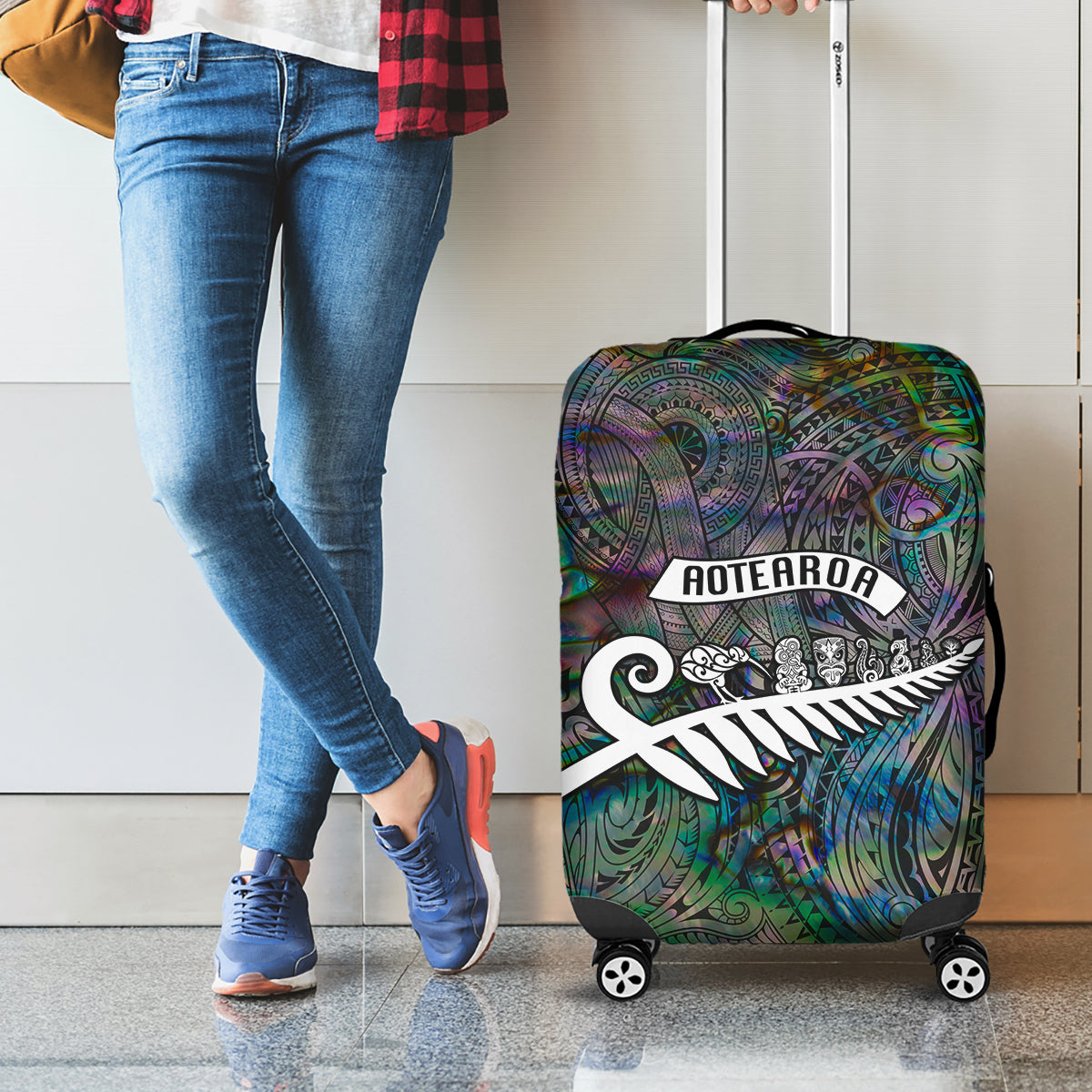New Zealand Luggage Cover Aotearoa Symbols With Silver Fern LT03 - Polynesian Pride