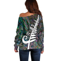 New Zealand Off Shoulder Sweater Aotearoa Symbols With Silver Fern LT03 - Polynesian Pride