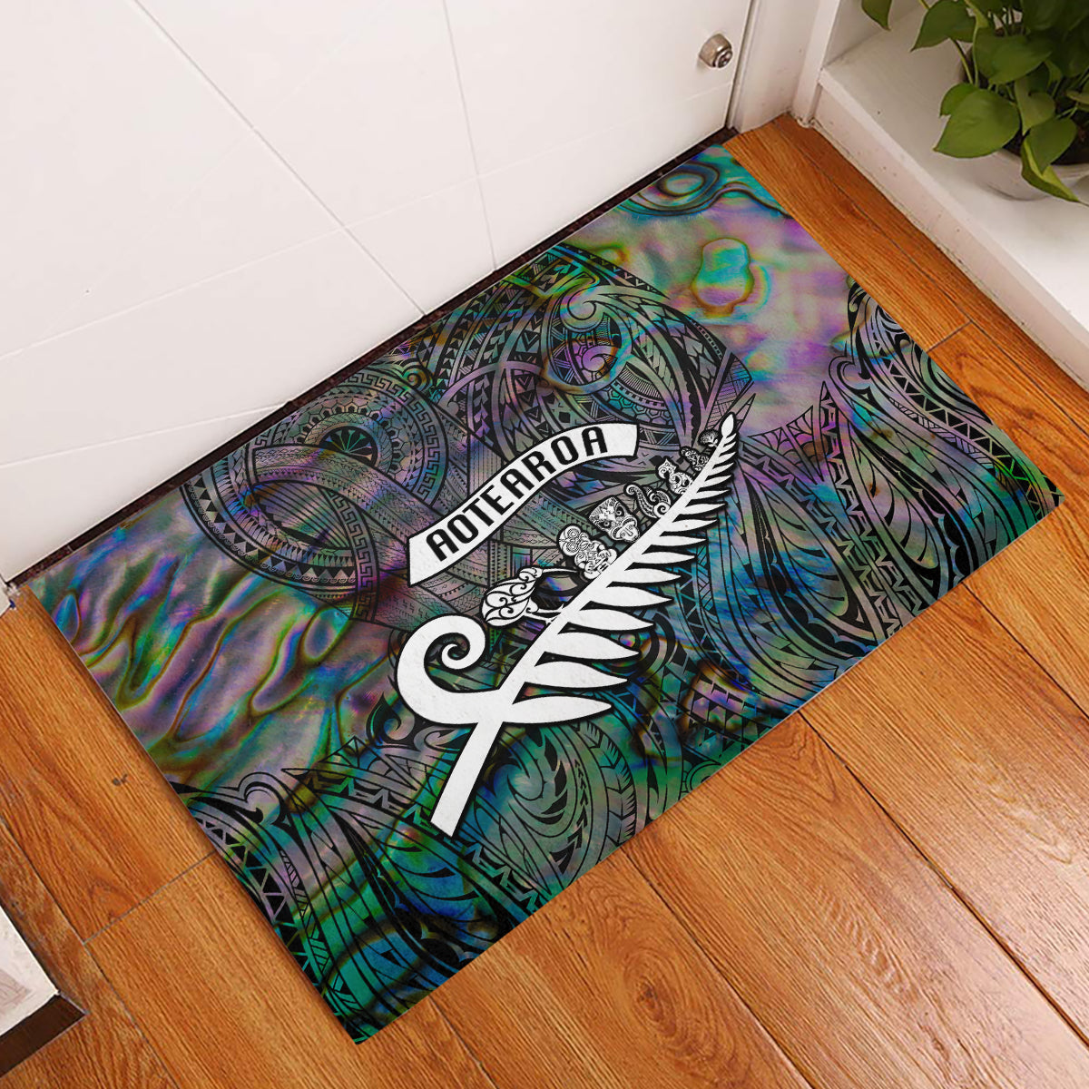 New Zealand Rubber Doormat Aotearoa Symbols With Silver Fern LT03 Black - Polynesian Pride