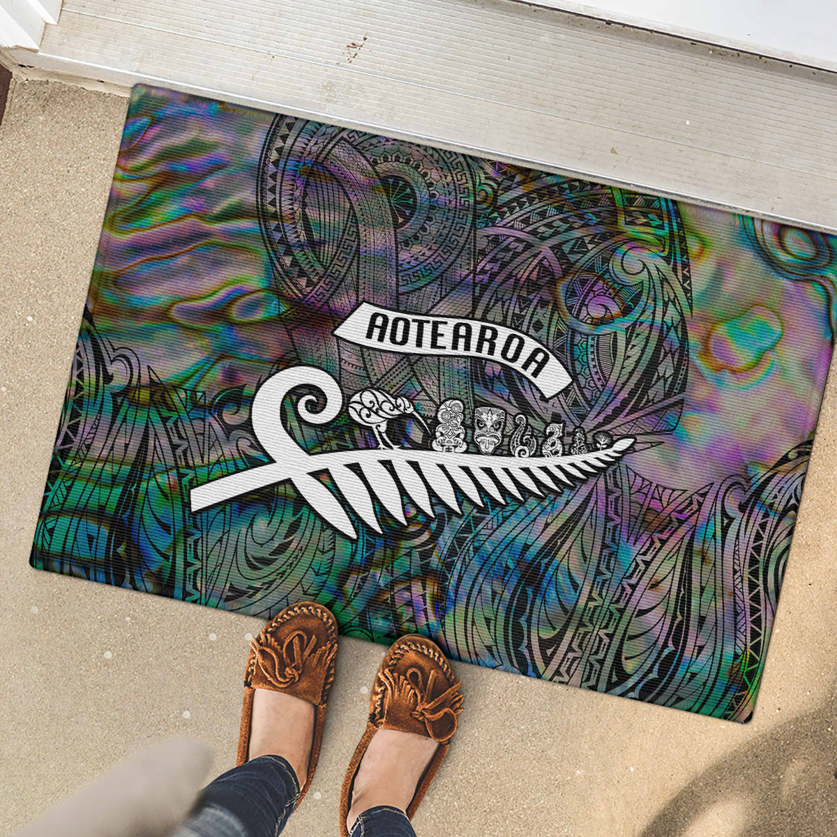 New Zealand Rubber Doormat Aotearoa Symbols With Silver Fern LT03 - Polynesian Pride