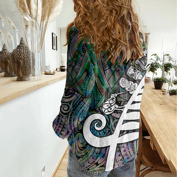 Personalized Aotearoa New Zealand Women Casual Shirt Paua Shell Fern Koru With Maori Hei Tiki LT05 main image 0