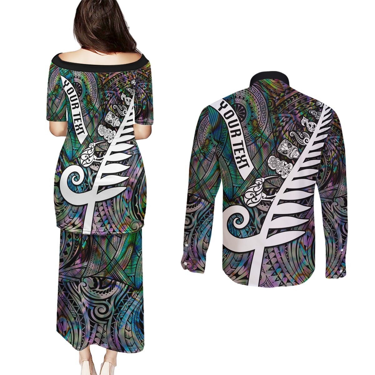 Personalized New Zealand Couples Matching Puletasi Dress and Long Sleeve Button Shirt Aotearoa Symbols With Silver Fern LT03 - Polynesian Pride