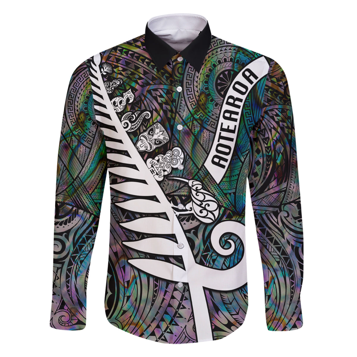 Personalized New Zealand Family Matching Long Sleeve Bodycon Dress and Hawaiian Shirt Aotearoa Symbols With Silver Fern LT03 Dad's Shirt - Long Sleeve Black - Polynesian Pride