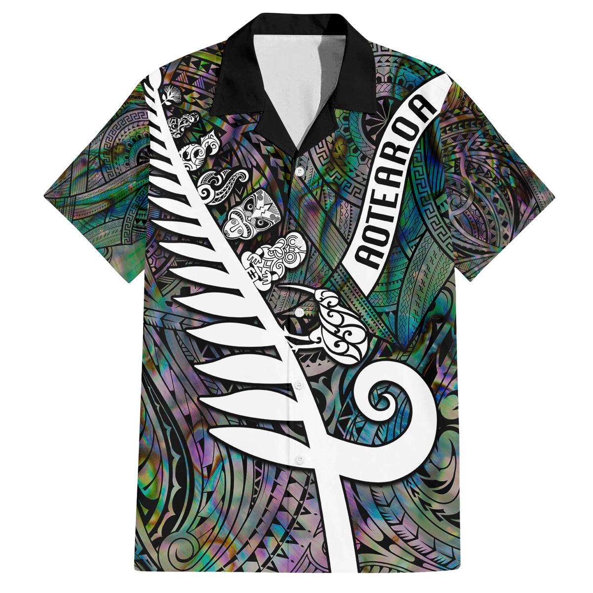 Personalized New Zealand Family Matching Off Shoulder Long Sleeve Dress and Hawaiian Shirt Aotearoa Symbols With Silver Fern LT03 Dad's Shirt - Short Sleeve Black - Polynesian Pride