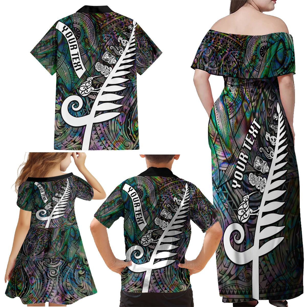 Personalized New Zealand Family Matching Off Shoulder Maxi Dress and Hawaiian Shirt Aotearoa Symbols With Silver Fern LT03 - Polynesian Pride