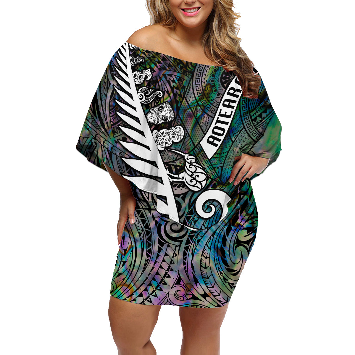 Personalized New Zealand Family Matching Off Shoulder Short Dress and Hawaiian Shirt Aotearoa Symbols With Silver Fern LT03 Mom's Dress Black - Polynesian Pride
