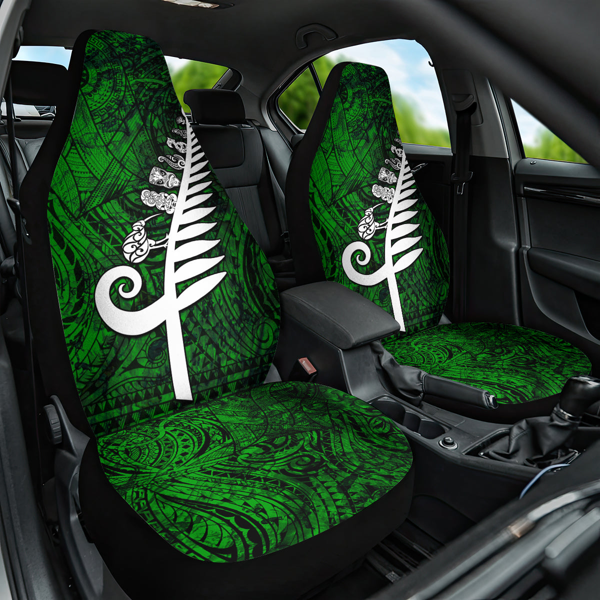 New Zealand Car Seat Cover Silver Fern and Maori Symbols Papua Shell Green Style LT03 One Size Green - Polynesian Pride
