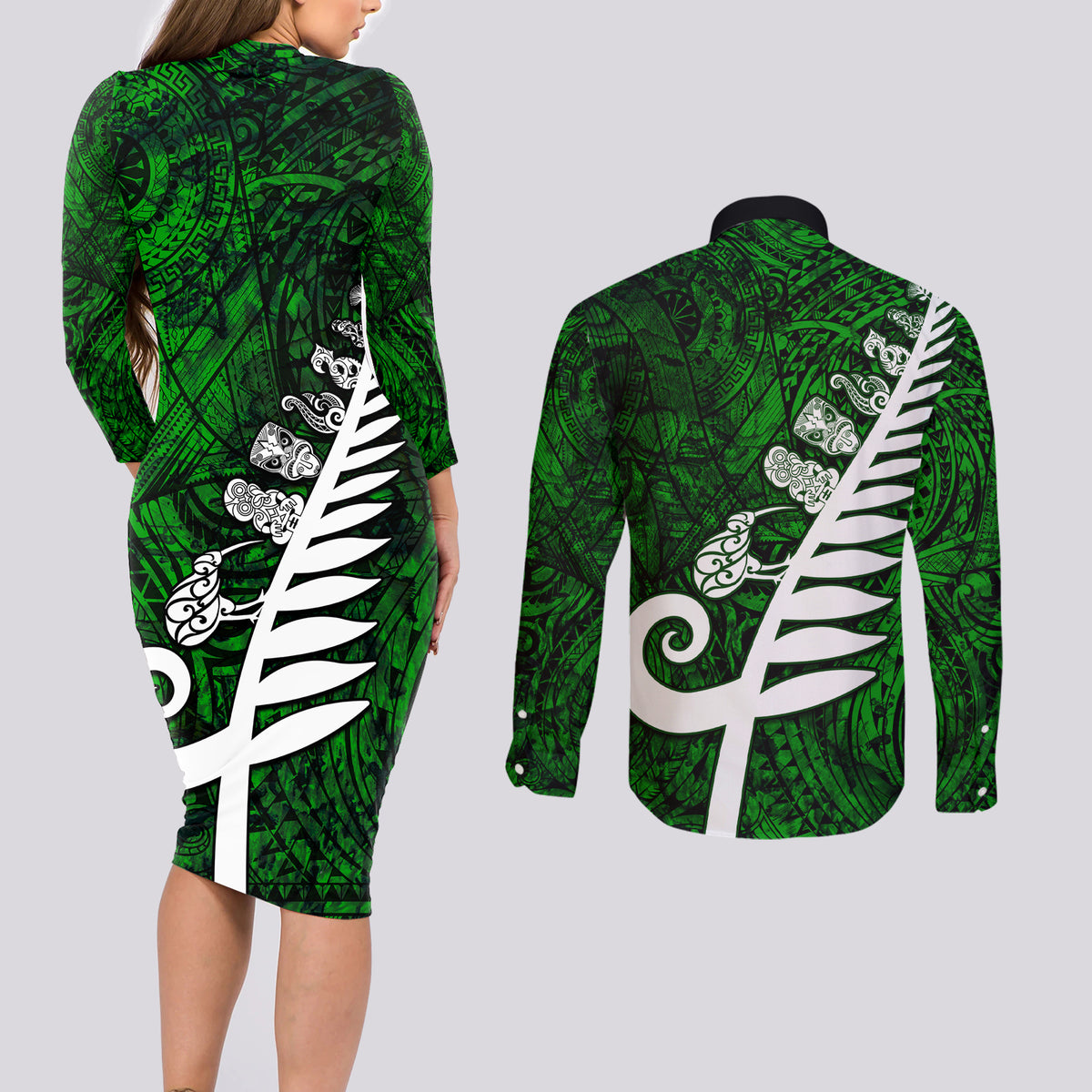 New Zealand Couples Matching Long Sleeve Bodycon Dress and Long Sleeve Button Shirt Silver Fern and Maori Symbols Papua Shell Green Style LT03 - Polynesian Pride