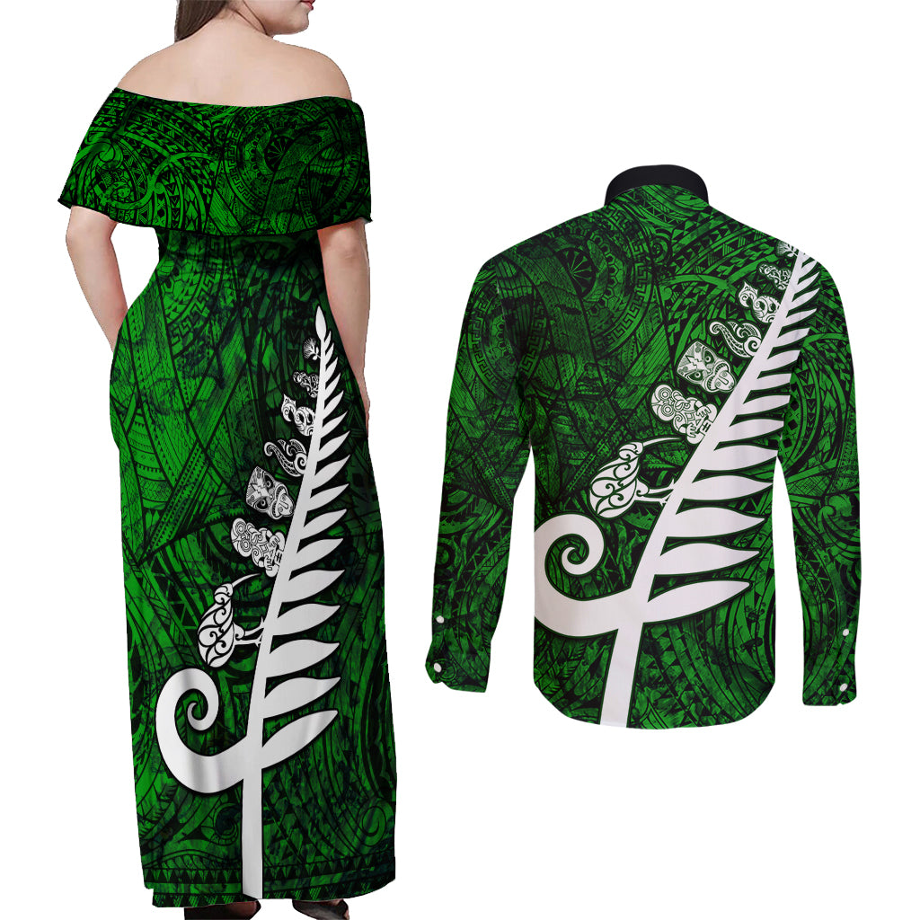 New Zealand Couples Matching Off Shoulder Maxi Dress and Long Sleeve Button Shirt Silver Fern and Maori Symbols Papua Shell Green Style LT03 - Polynesian Pride