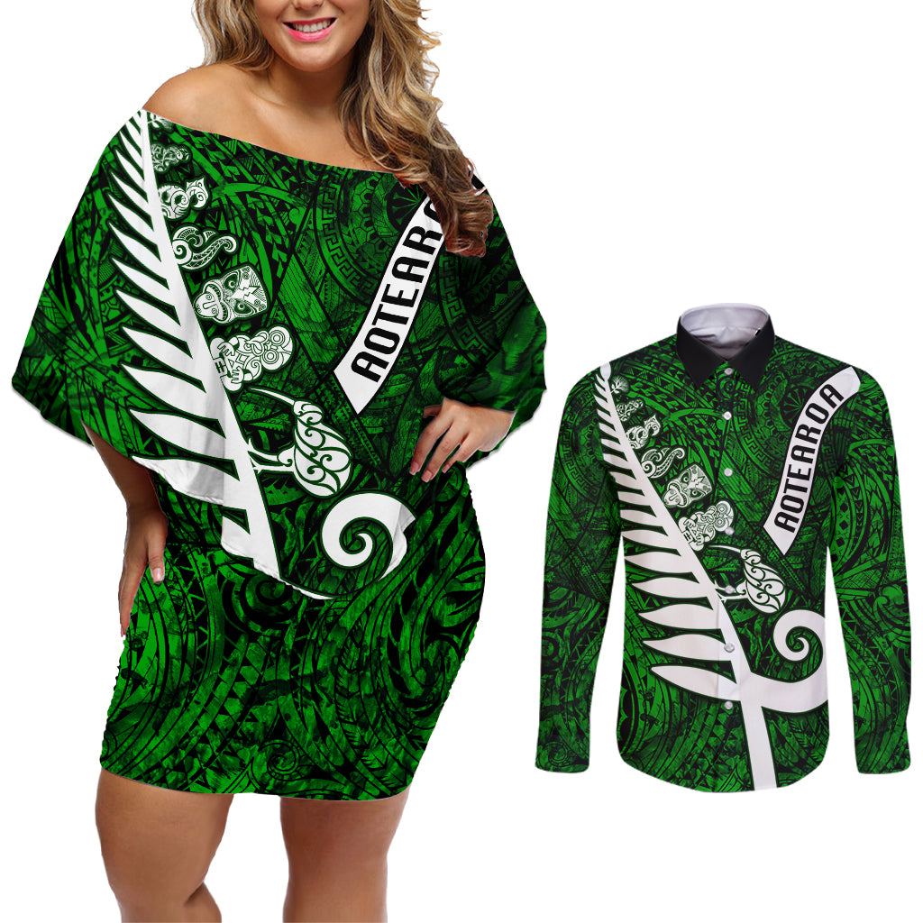 New Zealand Couples Matching Off Shoulder Short Dress and Long Sleeve Button Shirt Silver Fern and Maori Symbols Papua Shell Green Style LT03 Green - Polynesian Pride