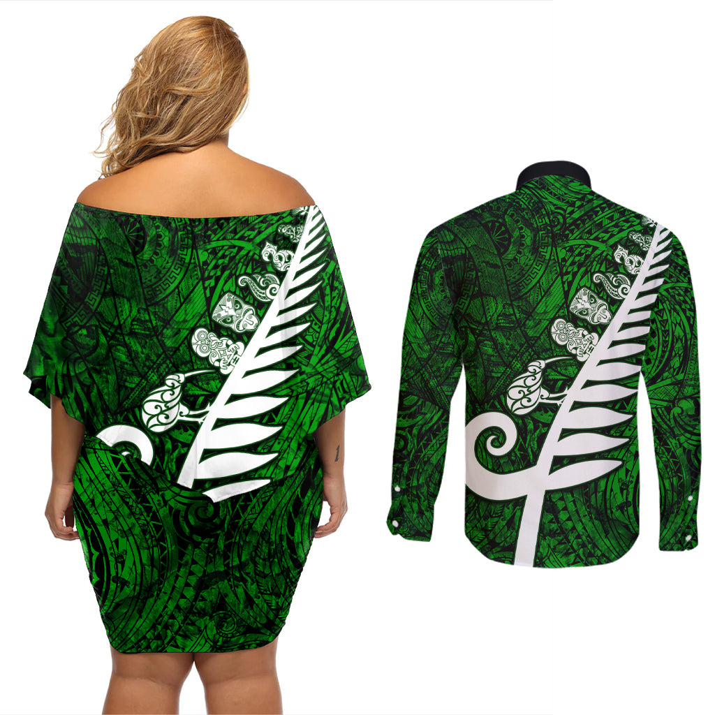 New Zealand Couples Matching Off Shoulder Short Dress and Long Sleeve Button Shirt Silver Fern and Maori Symbols Papua Shell Green Style LT03 - Polynesian Pride