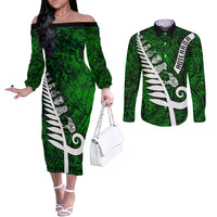 New Zealand Couples Matching Off The Shoulder Long Sleeve Dress and Long Sleeve Button Shirt Silver Fern and Maori Symbols Papua Shell Green Style LT03 Green - Polynesian Pride