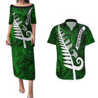 New Zealand Couples Matching Puletasi Dress and Hawaiian Shirt Silver Fern and Maori Symbols Papua Shell Green Style LT03 Green - Polynesian Pride